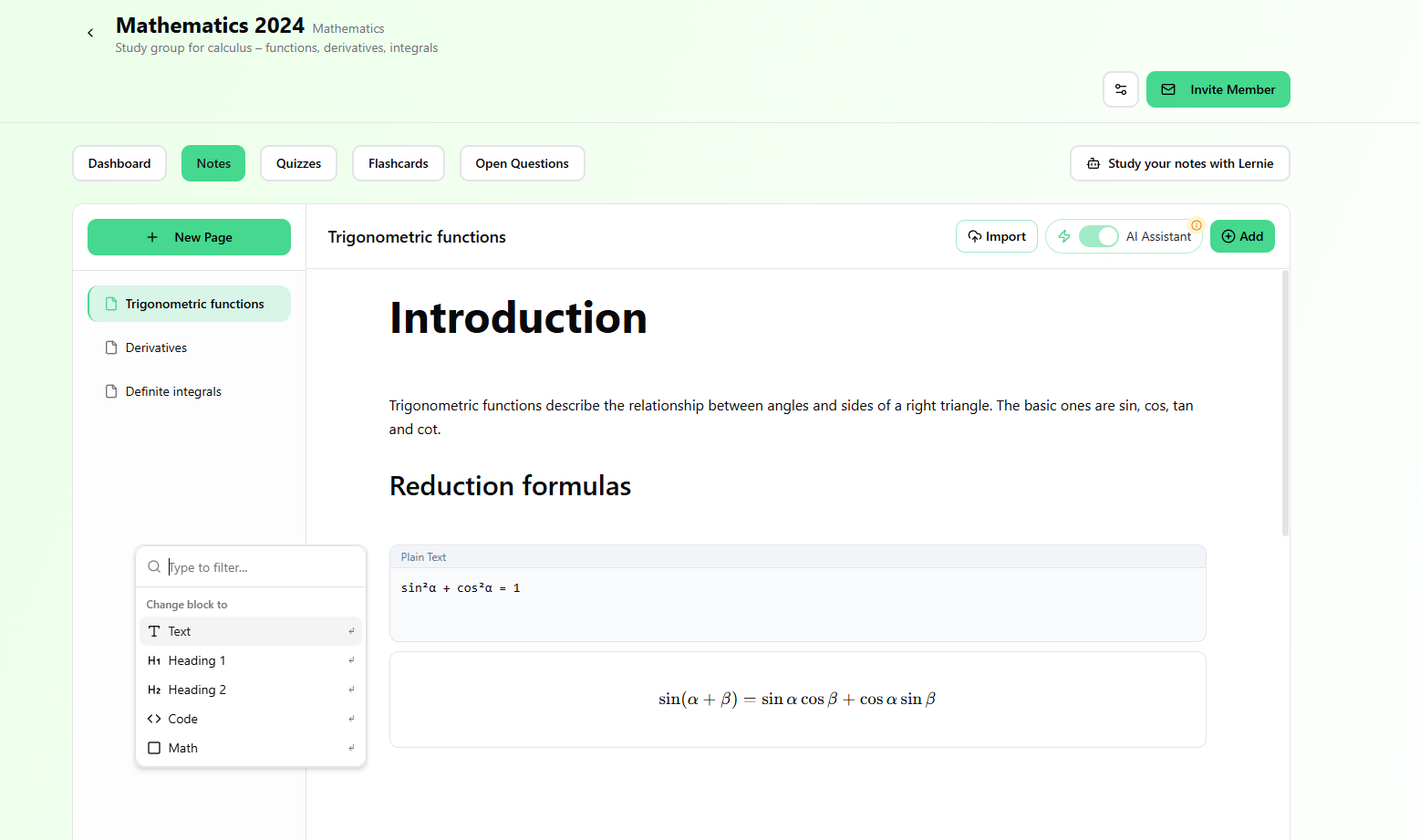 Main workspace: study group, modules (Notes, Quizzes, Flashcards) and math block editor.